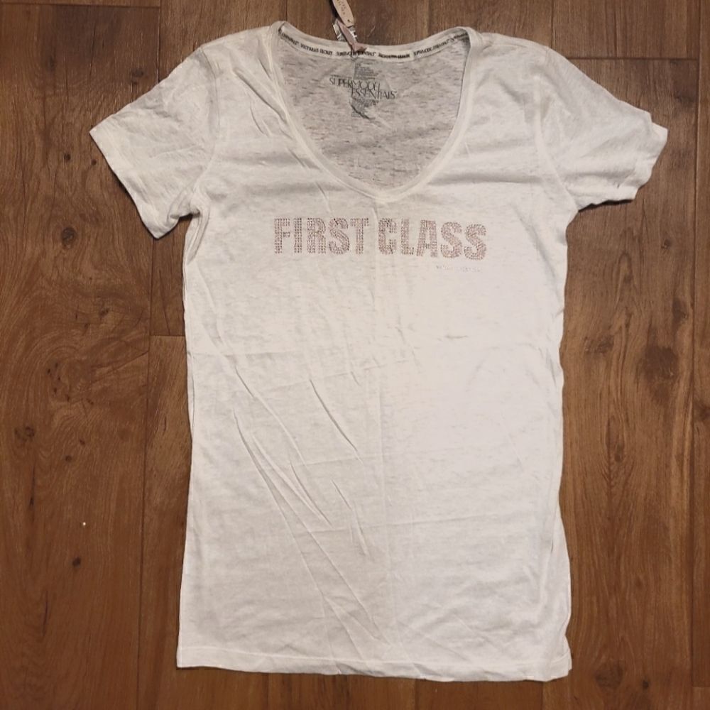 Victoria Secret First Class Pink Accents Short Sleeve Sleepwear Top White L